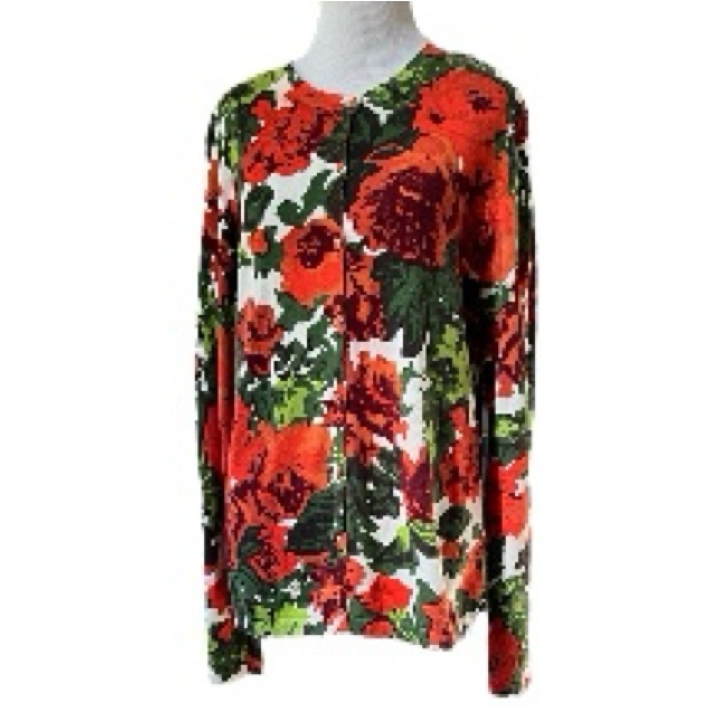 ISAAC MIRAHI LIVE! FLORAL PRINT CARDIGAN KNIT SWEATER ORANGE GREEN WHITE SIZE M